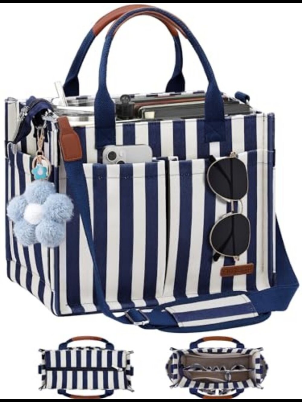 Canvas Tote Bag with Compartments, Zipper Top, Luggage Sleeve, Adjustable Strap